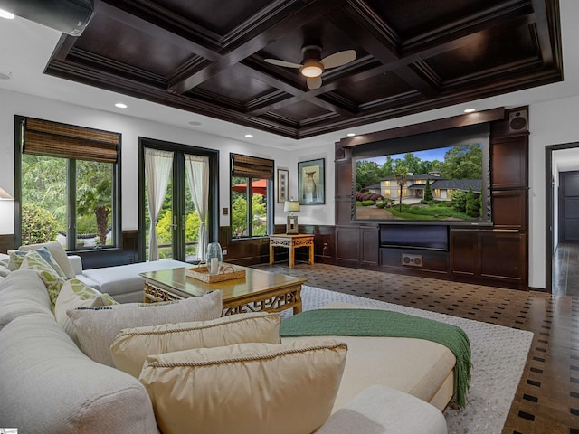 380 Montagu Dr, Spartanburg, SC 29301 - cinema room with healthy amount of natural light, crown molding, coffered ceiling, beam ceiling, and recessed lighting