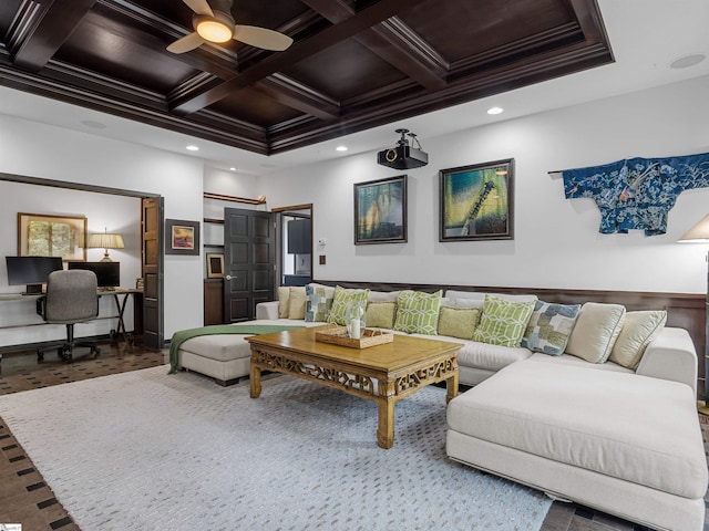 380 Montagu Dr, Spartanburg, SC 29301 - living room with coffered ceiling, beam ceiling, an office area, crown molding, and ceiling fan
