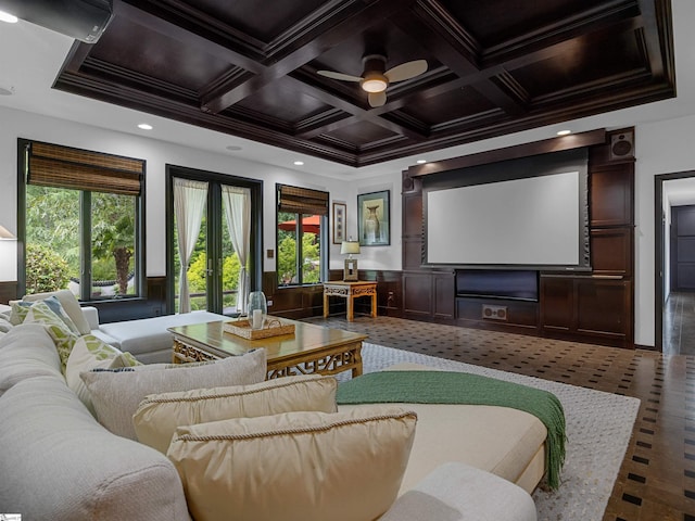 380 Montagu Dr, Spartanburg, SC 29301 - cinema featuring plenty of natural light, crown molding, coffered ceiling, beamed ceiling, and recessed lighting
