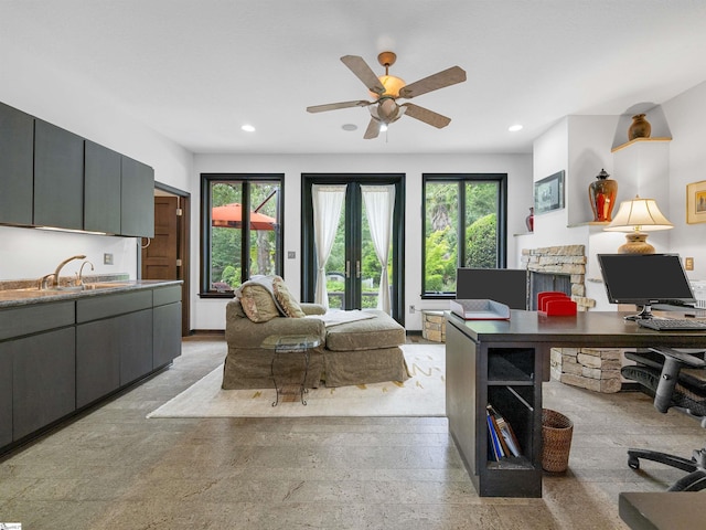 380 Montagu Dr, Spartanburg, SC 29301 - home office with a ceiling fan, recessed lighting, and a sink