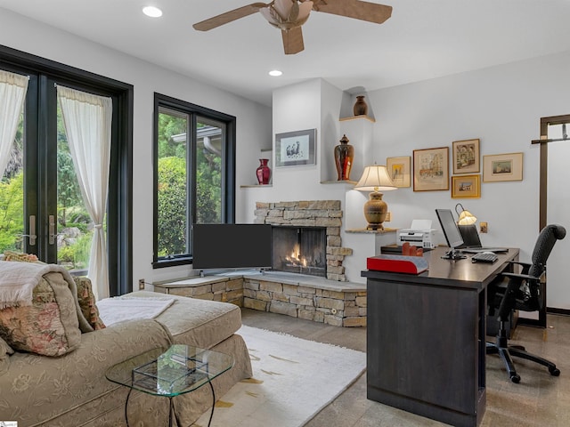 380 Montagu Dr, Spartanburg, SC 29301 - office space with a stone fireplace, ceiling fan, and recessed lighting