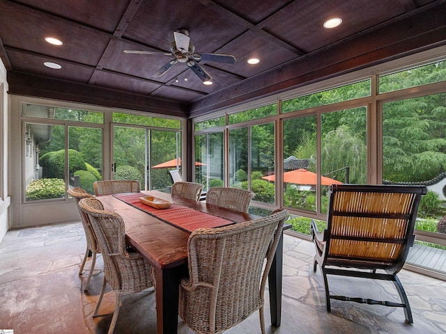 380 Montagu Dr, Spartanburg, SC 29301 - sunroom / solarium with ceiling fan, outdoor dining space, and coffered ceiling