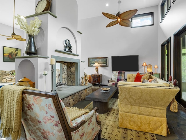 380 Montagu Dr, Spartanburg, SC 29301 - living area featuring ceiling fan, a high ceiling, and a fireplace