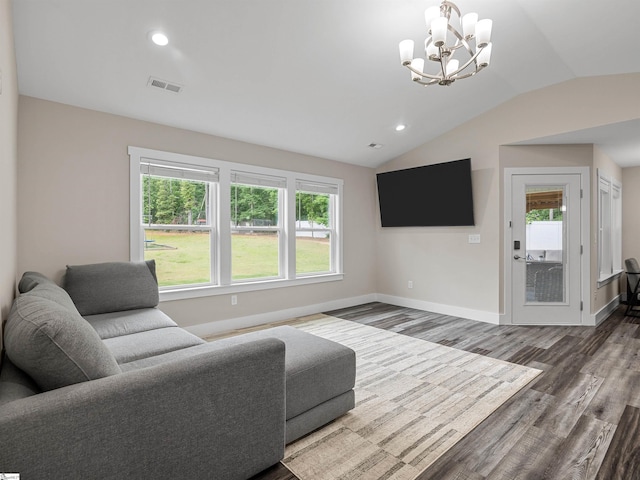 197 Falling Creek Rd, Spartanburg, SC 29301 - living area with lofted ceiling, dark wood-style floors, a chandelier, baseboards, and recessed lighting