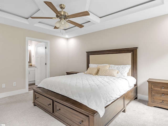 197 Falling Creek Rd, Spartanburg, SC 29301 - bedroom featuring coffered ceiling, light colored carpet, beam ceiling, baseboards, and ensuite bath