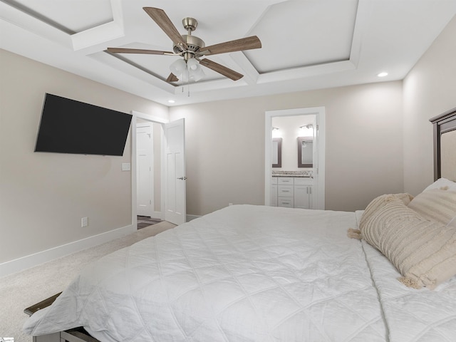 197 Falling Creek Rd, Spartanburg, SC 29301 - carpeted bedroom with coffered ceiling, recessed lighting, ensuite bathroom, beam ceiling, and ceiling fan