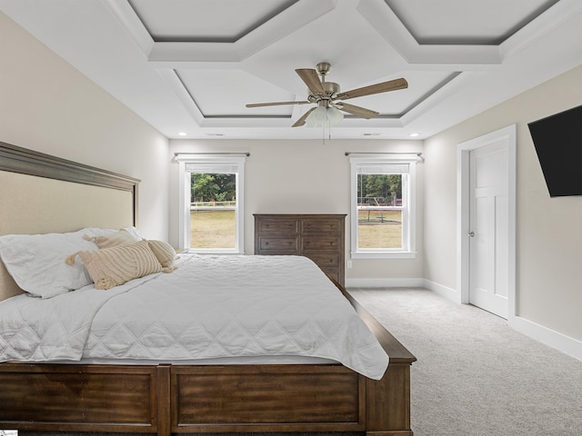 197 Falling Creek Rd, Spartanburg, SC 29301 - bedroom with carpet floors, multiple windows, coffered ceiling, baseboards, and ceiling fan