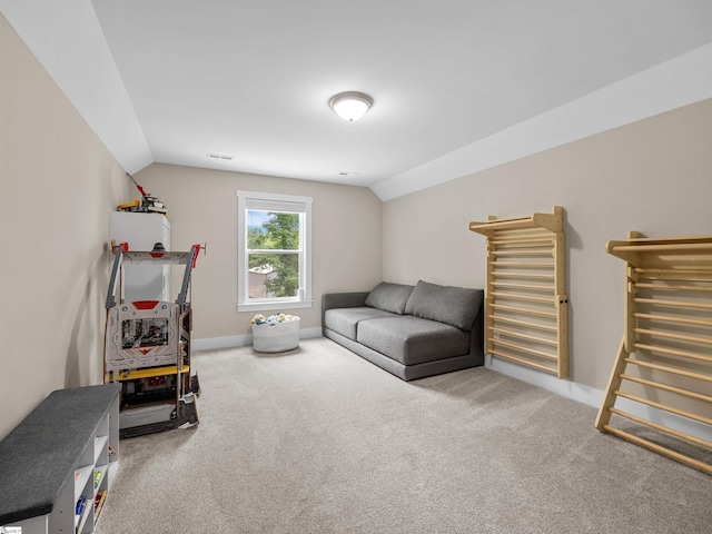 197 Falling Creek Rd, Spartanburg, SC 29301 - living room featuring carpet floors, lofted ceiling, and baseboards
