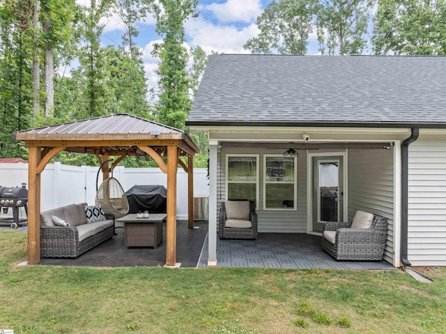 197 Falling Creek Rd, Spartanburg, SC 29301 - wooden deck with outdoor lounge area, a gazebo, area for grilling, and a patio