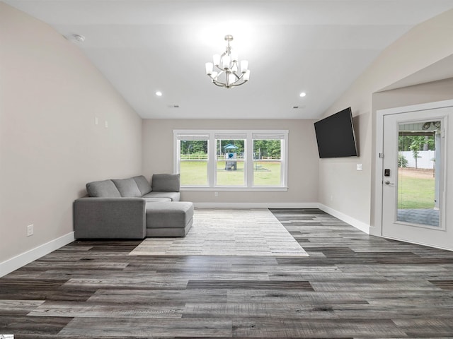 197 Falling Creek Rd, Spartanburg, SC 29301 - living room with vaulted ceiling, wood finished floors, a chandelier, recessed lighting, and baseboards