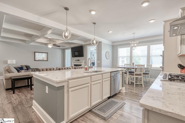 2 Stony Run Ln, Simpsonville, SC 29681 - kitchen with a sink, stainless steel dishwasher, crown molding, a ceiling fan, and light wood-style floors