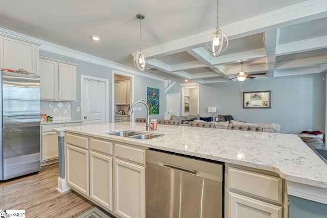 2 Stony Run Ln, Simpsonville, SC 29681 - kitchen featuring stainless steel appliances, a sink, a ceiling fan, open floor plan, and decorative backsplash