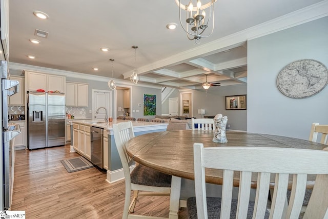 2 Stony Run Ln, Simpsonville, SC 29681 - dining area featuring crown molding, recessed lighting, coffered ceiling, beamed ceiling, and light wood-style flooring