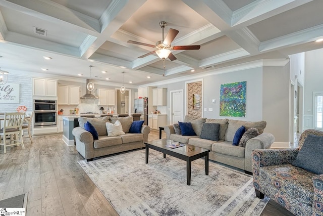 2 Stony Run Ln, Simpsonville, SC 29681 - living room with ceiling fan, light wood finished floors, beamed ceiling, coffered ceiling, and recessed lighting