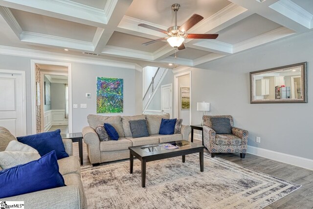 2 Stony Run Ln, Simpsonville, SC 29681 - living room featuring coffered ceiling, wood finished floors, a ceiling fan, crown molding, and beam ceiling