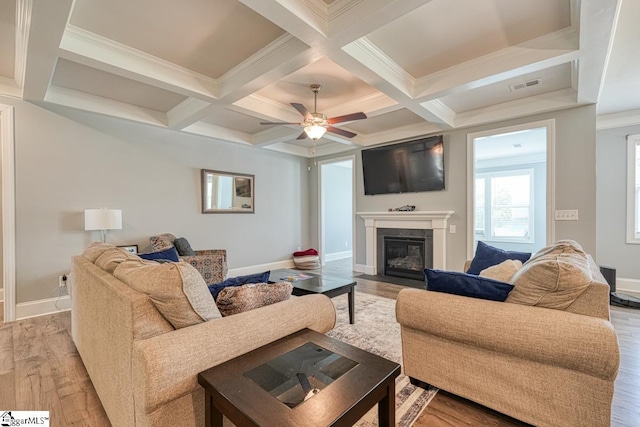 2 Stony Run Ln, Simpsonville, SC 29681 - living area with baseboards, a fireplace with flush hearth, wood finished floors, beam ceiling, and coffered ceiling