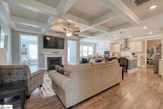 2 Stony Run Ln, Simpsonville, SC 29681 - living room featuring light wood-style floors, ceiling fan, a glass covered fireplace, beamed ceiling, and coffered ceiling