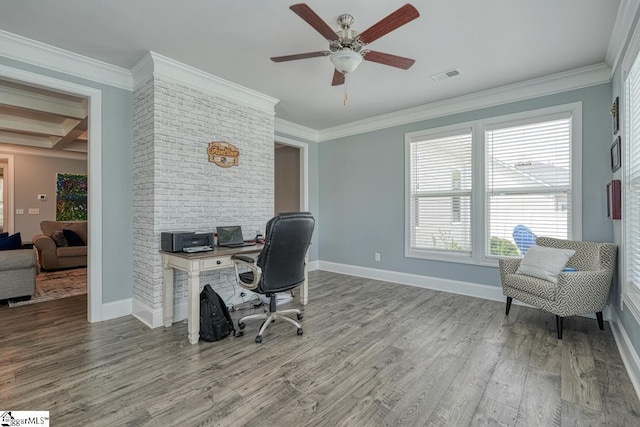 2 Stony Run Ln, Simpsonville, SC 29681 - office space featuring wood finished floors, a ceiling fan, crown molding, baseboards, and beamed ceiling