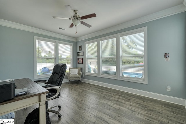 2 Stony Run Ln, Simpsonville, SC 29681 - home office with ornamental molding, baseboards, a ceiling fan, and wood finished floors