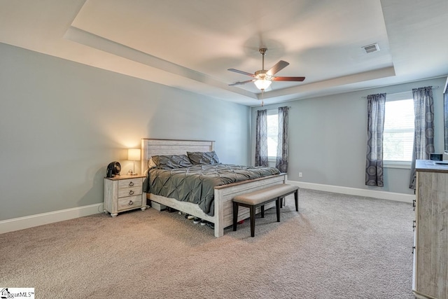 2 Stony Run Ln, Simpsonville, SC 29681 - bedroom with a tray ceiling, light colored carpet, baseboards, and ceiling fan