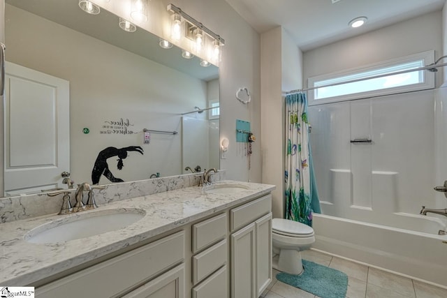 2 Stony Run Ln, Simpsonville, SC 29681 - bathroom with toilet, shower / bathtub combination with curtain, tile patterned floors, and double vanity