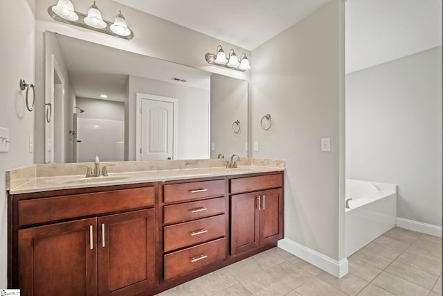 157 Deyoung Meadows Dr, Greer, SC 29651 - full bathroom featuring tile patterned flooring, double vanity, baseboards, and a garden tub