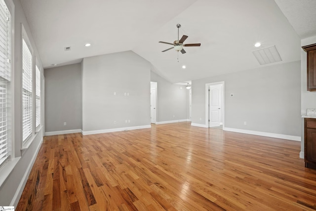 157 Deyoung Meadows Dr, Greer, SC 29651 - unfurnished living room featuring a ceiling fan, vaulted ceiling, light wood finished floors, baseboards, and recessed lighting