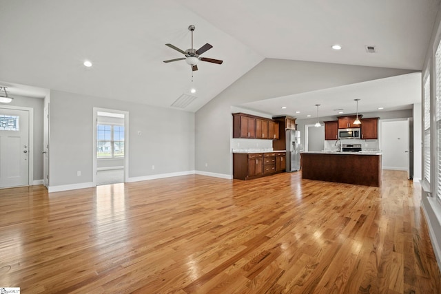 157 Deyoung Meadows Dr, Greer, SC 29651 - unfurnished living room featuring ceiling fan, light wood-style floors, recessed lighting, a sink, and baseboards