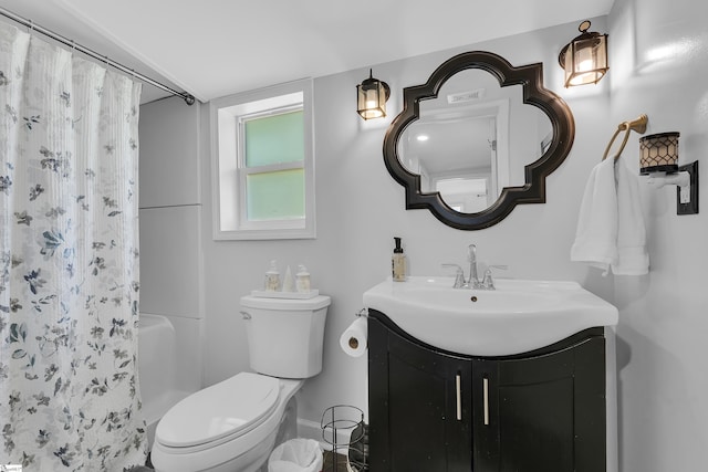 316 W Blue Ridge St, Pendleton, SC 29670 - bathroom featuring vanity, toilet, baseboards, and shower / bath combo with shower curtain