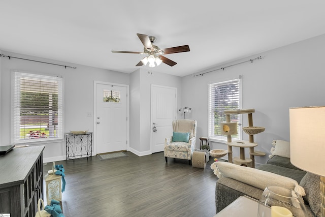 316 W Blue Ridge St, Pendleton, SC 29670 - living room featuring a ceiling fan, dark wood-type flooring, and baseboards