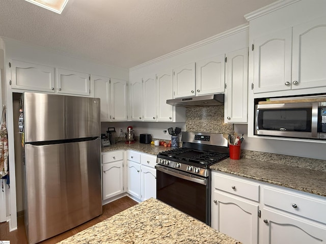 111 Firethorne Ct, Greer, SC 29650 - kitchen featuring appliances with stainless steel finishes, under cabinet range hood, dark wood-type flooring, white cabinetry, and light stone countertops