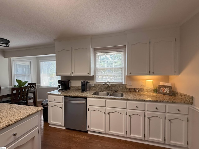 111 Firethorne Ct, Greer, SC 29650 - kitchen featuring dishwasher, a sink, a textured ceiling, white cabinets, and dark wood-style floors