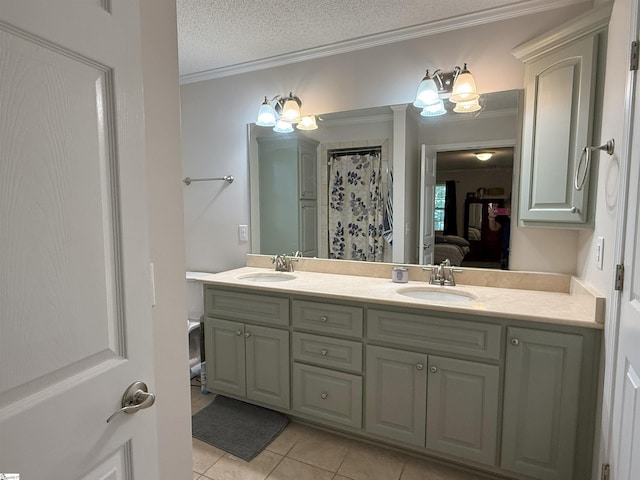 111 Firethorne Ct, Greer, SC 29650 - full bathroom featuring crown molding, double vanity, tile patterned floors, ensuite bath, and a textured ceiling