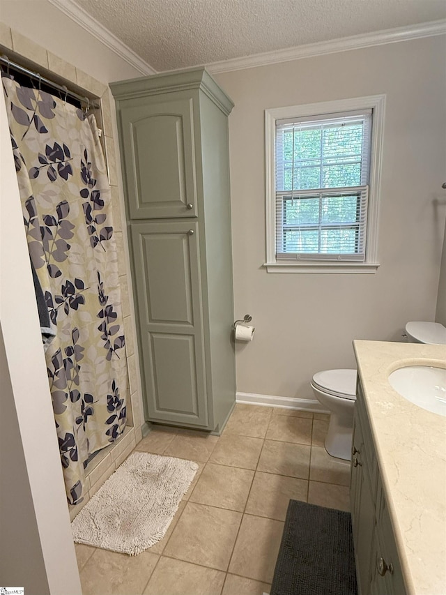 111 Firethorne Ct, Greer, SC 29650 - full bath with toilet, vanity, tile patterned flooring, a textured ceiling, and ornamental molding