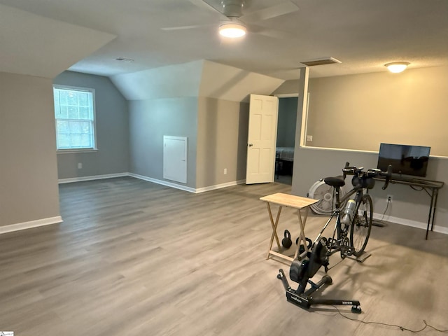 111 Firethorne Ct, Greer, SC 29650 - additional living space with vaulted ceiling, a ceiling fan, baseboards, and wood finished floors