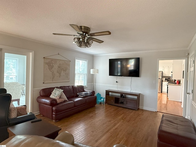111 Firethorne Ct, Greer, SC 29650 - living room featuring light wood finished floors, ornamental molding, a wainscoted wall, a textured ceiling, and ceiling fan
