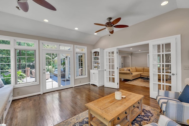 103 Brandon Way, Simpsonville, SC 29681 - living room featuring french doors, a ceiling fan, lofted ceiling, wood finished floors, and recessed lighting