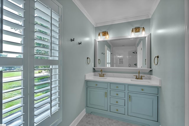 103 Brandon Way, Simpsonville, SC 29681 - bathroom with plenty of natural light, double vanity, crown molding, a shower, and baseboards