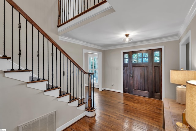 103 Brandon Way, Simpsonville, SC 29681 - entrance foyer with ornamental molding, stairway, wood finished floors, and baseboards