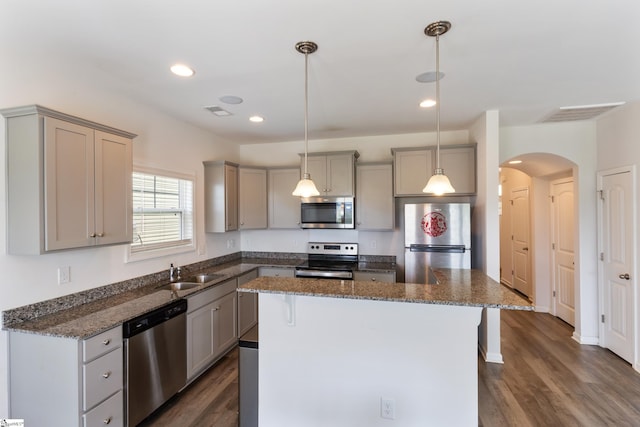 249 Samuel St, Pendleton, SC 29670 - kitchen featuring stainless steel appliances, gray cabinets, a sink, dark wood finished floors, and arched walkways