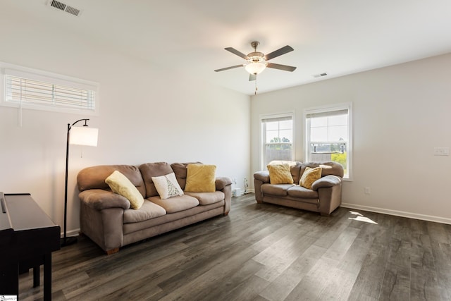 249 Samuel St, Pendleton, SC 29670 - living area featuring ceiling fan, dark wood-style floors, and baseboards