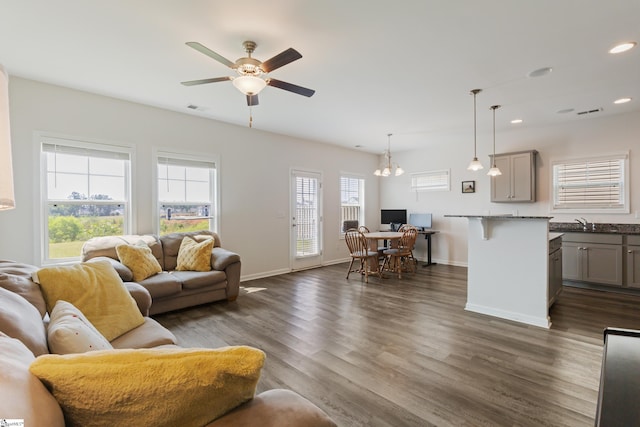 249 Samuel St, Pendleton, SC 29670 - living room with a ceiling fan, dark wood-type flooring, baseboards, and recessed lighting