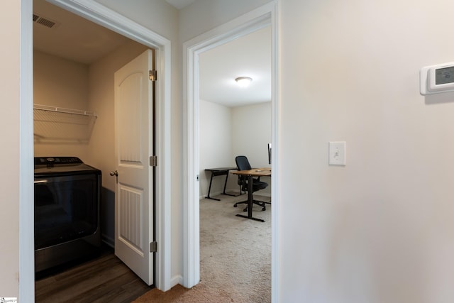 249 Samuel St, Pendleton, SC 29670 - laundry room featuring washer / dryer, a desk, dark colored carpet, and baseboards