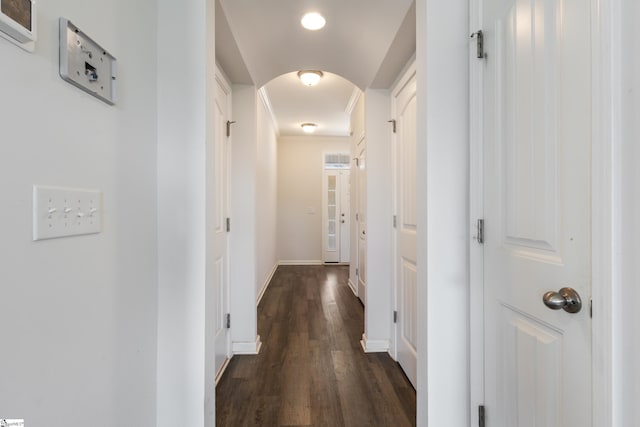 249 Samuel St, Pendleton, SC 29670 - hall with dark wood-style flooring, arched walkways, baseboards, and crown molding