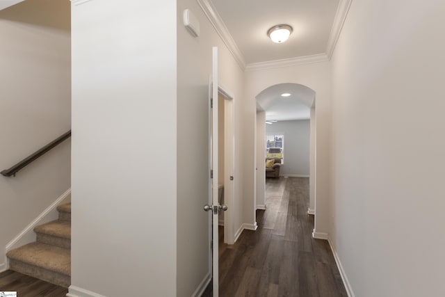 249 Samuel St, Pendleton, SC 29670 - hall with arched walkways, dark wood-style flooring, ornamental molding, baseboards, and stairway