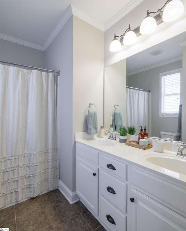 19 Edge Ct Unit A, Greenville, SC 29609 - full bath with double vanity, toilet, ornamental molding, tile patterned floors, and baseboards