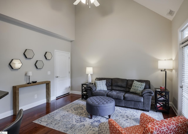 19 Edge Ct Unit A, Greenville, SC 29609 - living room featuring ceiling fan, high vaulted ceiling, wood finished floors, and baseboards