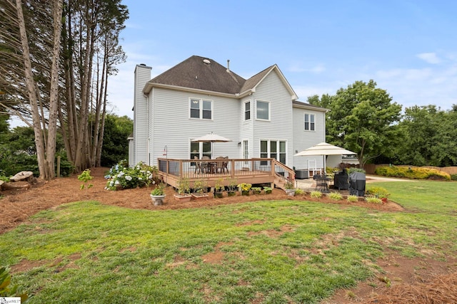 4 Jester Ct, Simpsonville, SC 29681 - rear view of property featuring a chimney, a wooden deck, a yard, and a patio
