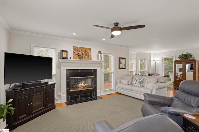 4 Jester Ct, Simpsonville, SC 29681 - living area featuring wood finished floors, ornamental molding, a fireplace, ceiling fan, and recessed lighting