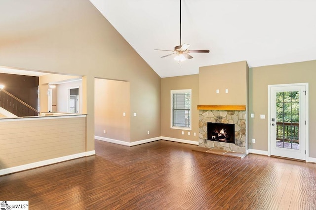 30 Caperton Way, Greer, SC 29651 - unfurnished living room featuring high vaulted ceiling, ceiling fan, wood finished floors, a fireplace, and baseboards